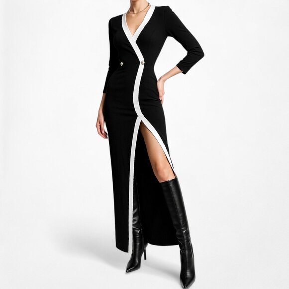 Black Button Front Colorblock Knit Front Slit Bodycon Maxi Dress Size S/M - Picture 2 of 7